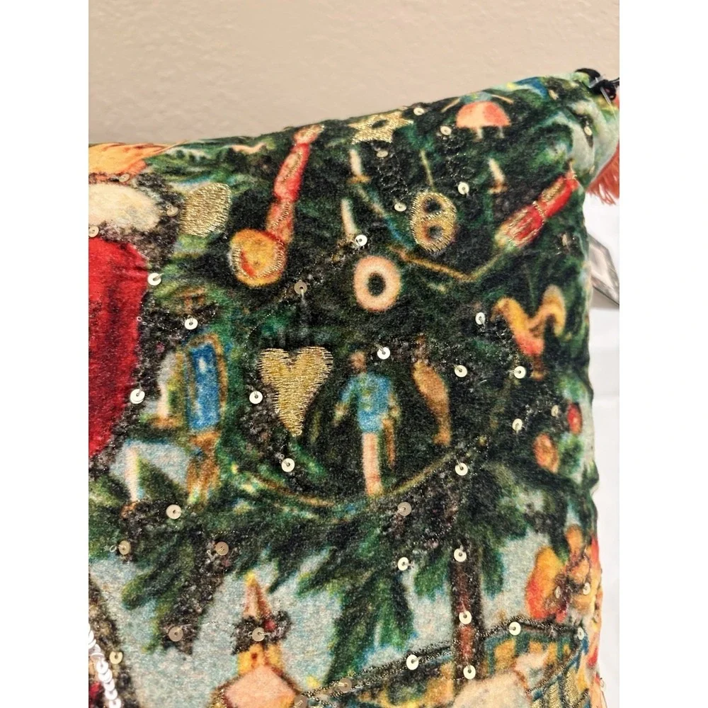John Derian Santa Pillow Embroidered Holiday Christmas Tree